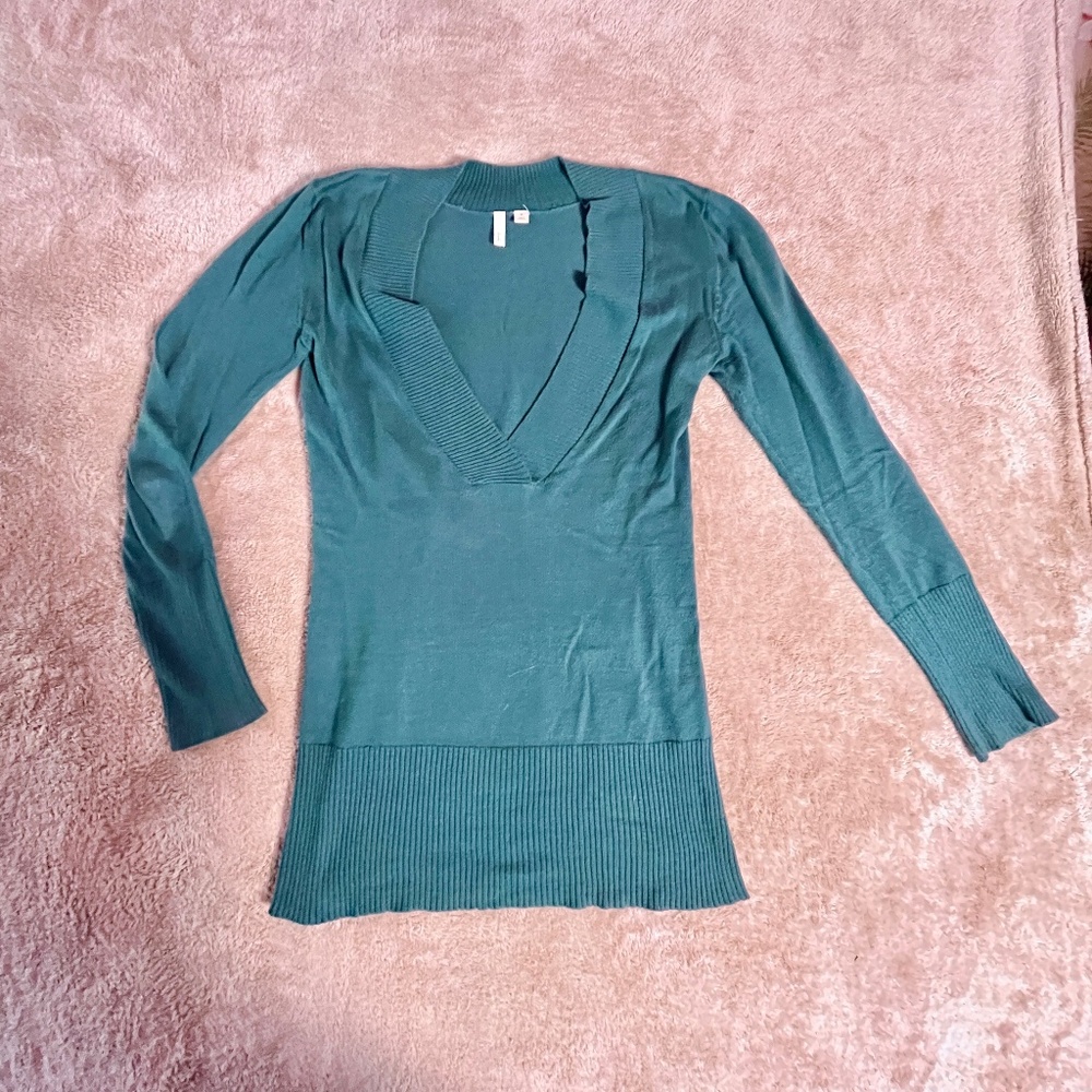 Frenchi Women's Long Sleeve Fitted Deep V Neck Turquoise Sweater Dress
